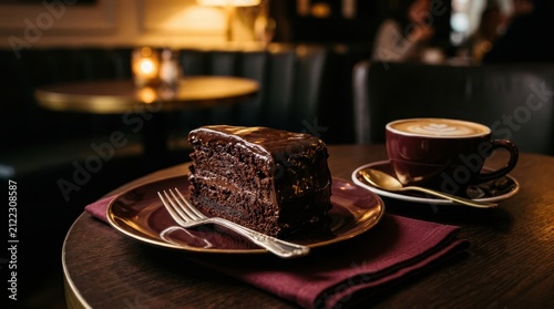 Decadent chocolate cake slice with rich ganache and a latte in a cozy cafe setting