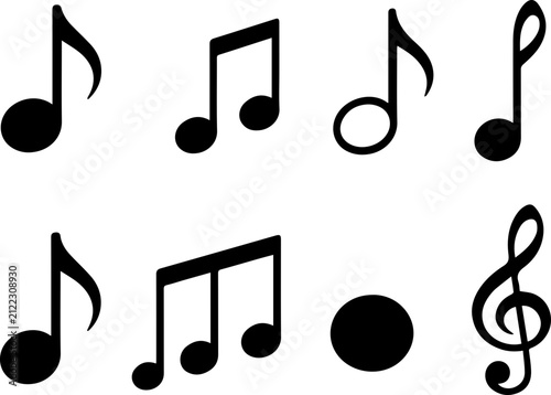 Black Musical Notes and Treble Clef Vector Icon Set