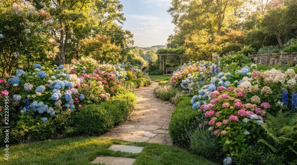 Obraz premium Beautiful garden path lined with colorful hydrangeas and lush greenery