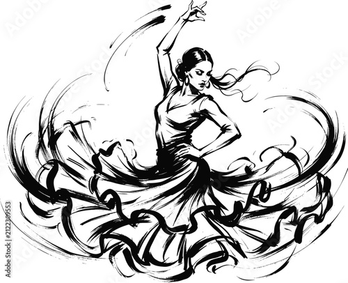 Flamenco Dancer Woman in Flowing Dress Ink Sketch Illustration, Dynamic Dance Artwork