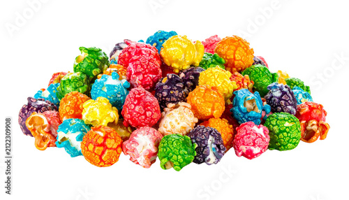 A vibrant assortment of colorful candy-coated popcorn in red, blue, green, yellow, and pink, isolated on transparent background, festive appearance