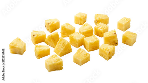 Freshly cut pineapple chunks scattered on a clean white background, showcasing their vibrant yellow color and juicy texture.