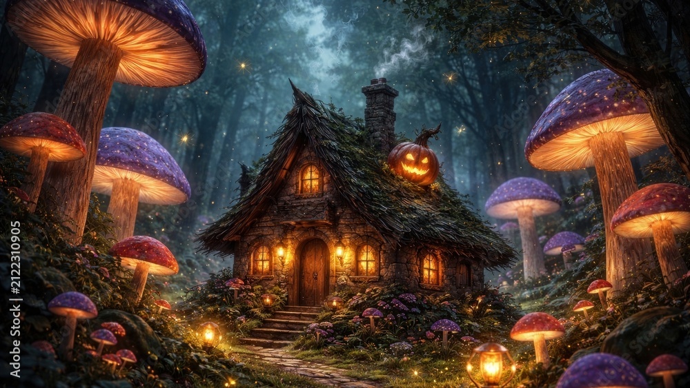 Obraz premium Enchanted forest cottage scene