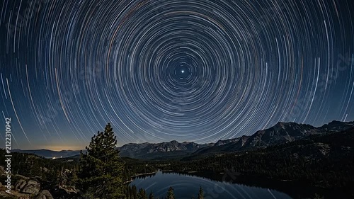 Circular star trails rotate above a dark mountain lake at night