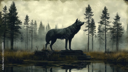 Majestic wolf standing on wooden platform in misty forest landscape