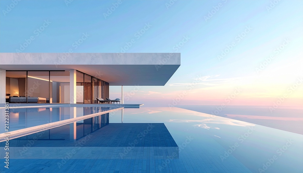 Fototapeta premium Minimal luxury villa reflected in a perfectly still infinity pool under an expansive sky