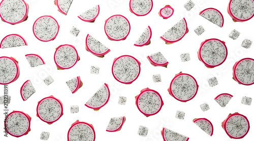 Scattered dragon fruit slices and wedges on a clean white background, showcasing the vibrant pink skin and white flesh with black seeds.