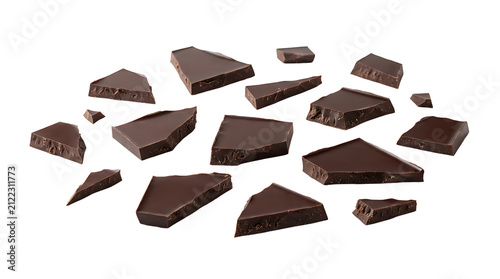 Scattered pieces of dark chocolate shards on a clean white background, ready for baking or snacking.