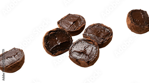 Close-up view of several rich dark chocolate truffles, some cut in half to show the creamy ganache filling, on a white background.
