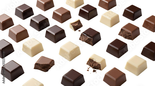 Assortment of square chocolates in various shades of dark, milk, and white, some broken, on a white background.