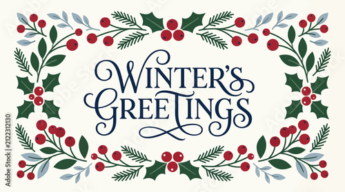 A festive holiday greeting card design featuring decorative holly and berries