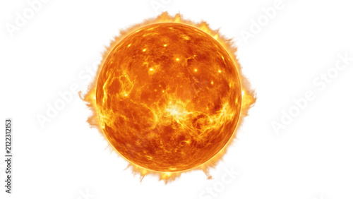IA generated illustration of a glowing fiery sun or star with massive solar flares and plasma loops erupting from its surface, isolated on a clean white background for design.