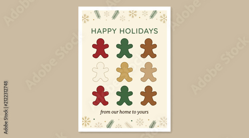 A festive greeting card featuring colorful gingerbread cookie shapes arranged in a grid pattern