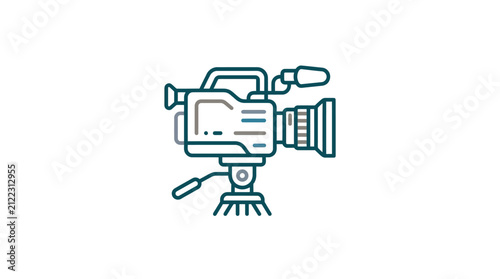 A professional video camera icon is displayed on a clean white background