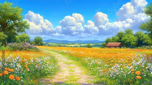 Vibrant countryside landscape with colorful wildflowers and a dirt path under a bright blue sky