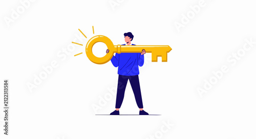 Businessman Holding Giant Golden Key for Success and Opportunity Solution Concept Illustration