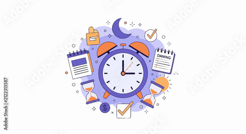 Time Management and Productivity Concept Illustration with Alarm Clock, Hourglass, Calendar, and Business Icons