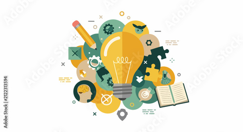 Business Innovation and Creative Idea Generation Concept Illustration with Lightbulb, Gears, and Icons