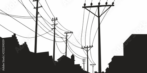 Black and white of two utility poles with overhead power lines overhead cables electricity