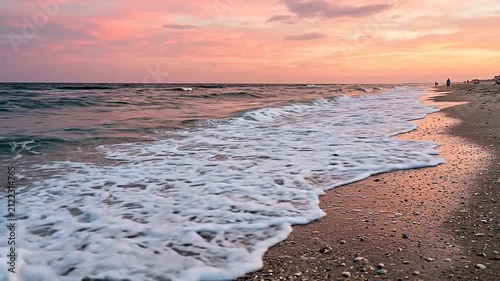A gentle ocean wave rolls onto a sandy beach at sunset