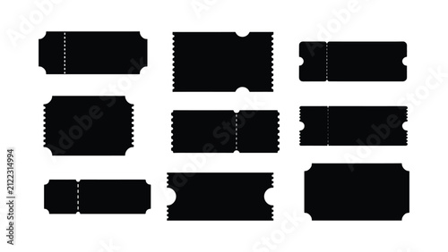 Fotografie Collection of nine black silhouette ticket stubs with various perforated edges,