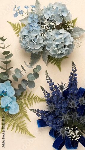 Blue Floral Arrangements with Hydrangeas Orchids and Lupines