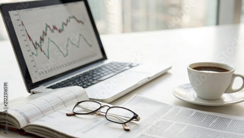Workspace setup with a laptop showing financial charts, an open notebook with glasses, and a cup of coffee on a white desk.