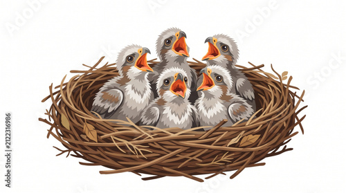 Obraz na płótnie Five Hungry Baby Birds with Open Beaks in a Nest Vector Illustration