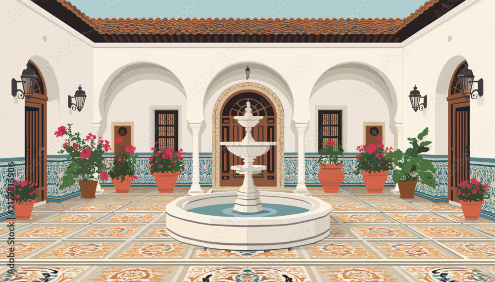 Fototapeta premium A beautiful and serene traditional Spanish or Moorish courtyard with a central fountain, ornate arches, patterned tiles, and vibrant potted plants.