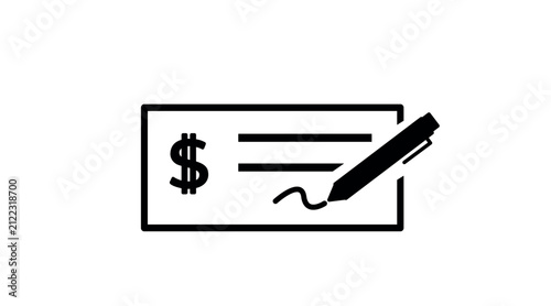 Bank check with pen signing vector icon. Black line art style on white background. Financial transaction, business payment, and banking checkbook concept.