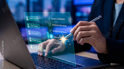 Human resources manager using digital interface to manage recruitment process and approve new hires on laptop