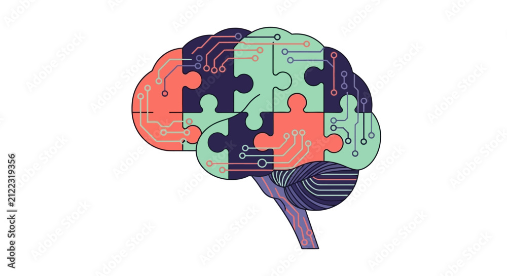 Fototapeta premium Human Brain Puzzle with Electronic Circuit Board Pattern, Digital Mind and Artificial Intelligence Concept Vector Illustration