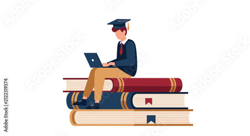 Online Education and Graduation Concept with Male Student Sitting on Stack of Books Using Laptop