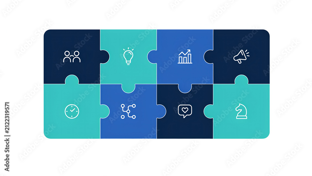 Fototapeta premium Business puzzle infographic with 8 pieces. Corporate strategy jigsaw concept. Blue and teal marketing icons for data visualization.
