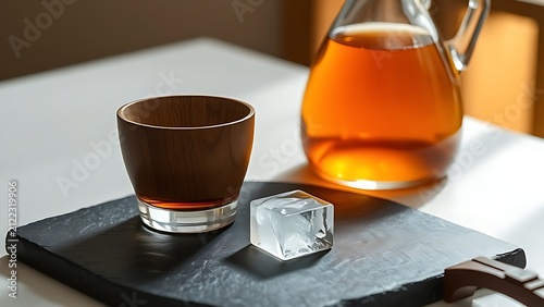 Handcrafted wooden cup, carafe of shochu, and single ice cube on slate plate, restraint and mindful drinking concept