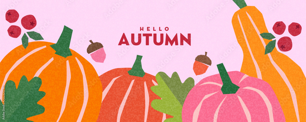 Obraz premium Modern Autumn banner or horizontal poster with pumpkins, autumn leaves, berries, and acorns in trendy vector cut out style. Designed for greeting cards, posters, seasonal branding, packaging