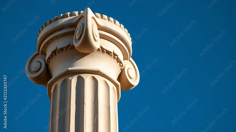 Fototapeta premium Weathered Ionic column capital with volute against blue sky, history and architecture concept