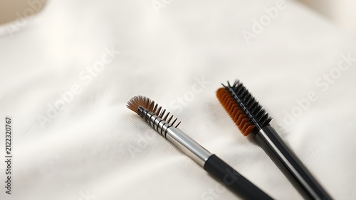 Two eyebrow styling tools with sparse and dense bristles on fabric, brow grooming and beauty routine concept