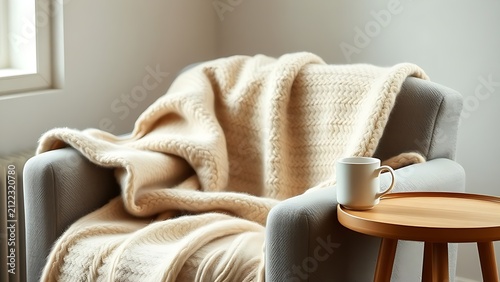 Soft wool blanket draped over armchair with steaming mug, sympathetic comfort and emotional support concept