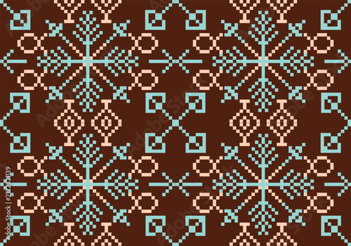 Traditional pixel pattern with geometric folk motifs in earthy brown, beige, and aqua tones. Ideal for textiles, wallpaper, wrapping paper, home décor, stationery, digital backgrounds, and crafts.