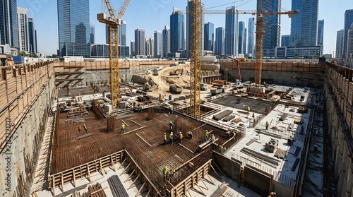 Urban construction site with cranes and worker activity for skyscraper foundation.