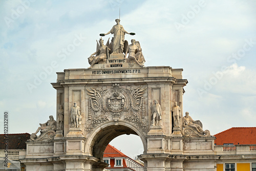 Close-Up View of the Triumphal Architecture and Sculptures of Rua Augusta Arch in Lisbon Portugal