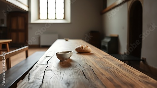 Long wooden table in monastery with ceramic bowls and bread, soft light.