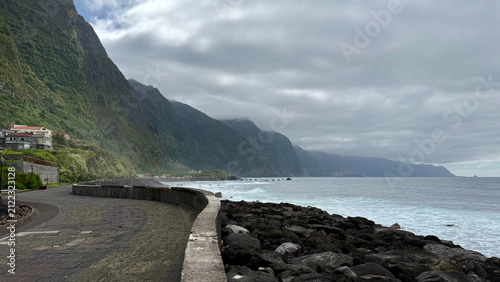 Coastal road and volcanic shoreline in São Vicente, Madeira Island, Portugal
