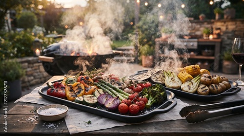 Fresh grilled vegetables and corn on cast iron serving platters with rising steam on rustic wooden table outdoors at garden barbecue dinner party during warm golden hour sunset with wine glass