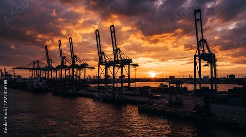 Industrial shipping terminal with heavy container cranes silhouette against a dramatic glowing orange sunset sky at dusk in a busy international logistics port for global trade and freight commerce