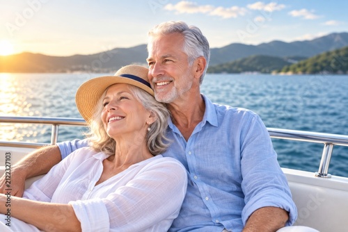 Happy Mature Couple Enjoying a Relaxing Boat Ride on a Scenic Lake During Golden Hour