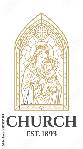 Detailed gold church window logo with holy family