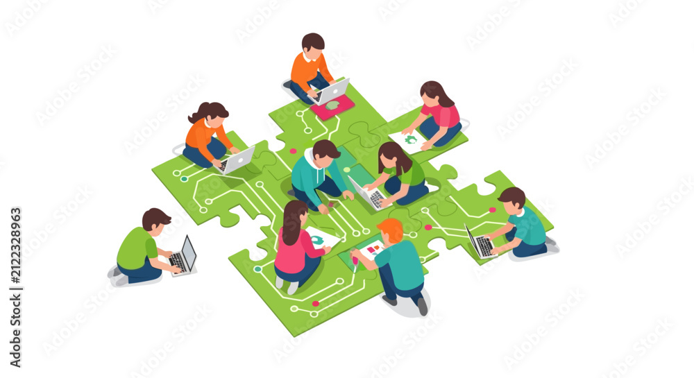 Naklejka premium Isometric Tech Team Collaborating on Circuit Board Jigsaw Puzzle Concept