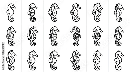Collection of stylized seahorse line art icons set.